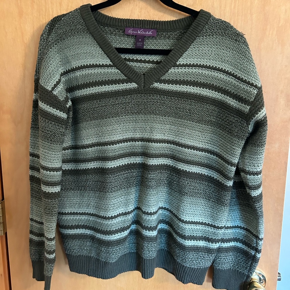Green Striped V-Neck Women’s Sweater - Classic Knit
